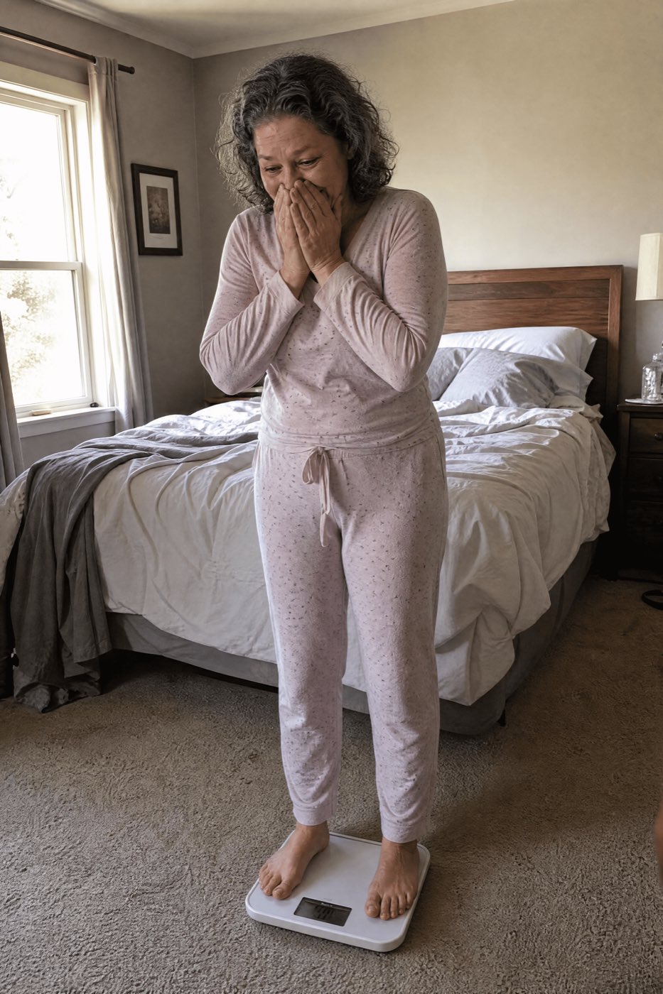 A woman ~54 in pajamas in a sunlit bedroom, looking down at a bathroom scale with both hands over her mouth in genuine, emotional surprise — eyes wide, almost teary, happy. Soft morning light through the window.