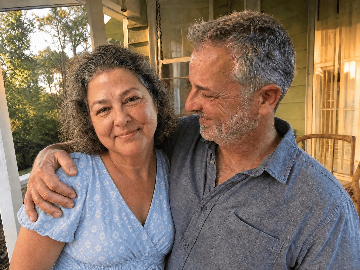 A tender, candid moment between a married couple in their mid-to-late 50s in a cozy home kitchen. The woman is slim, healthy and glowing, mid-laugh; her husband (kind face, gray hair, casual shirt) has his arm around her and is looking at her with visible love and emotion — almost teary. Warm golden light, real and intimate.